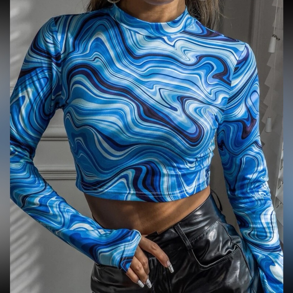 SHEIN Coolane Marble Print Mock Neck Mulicolored Crop M Tee